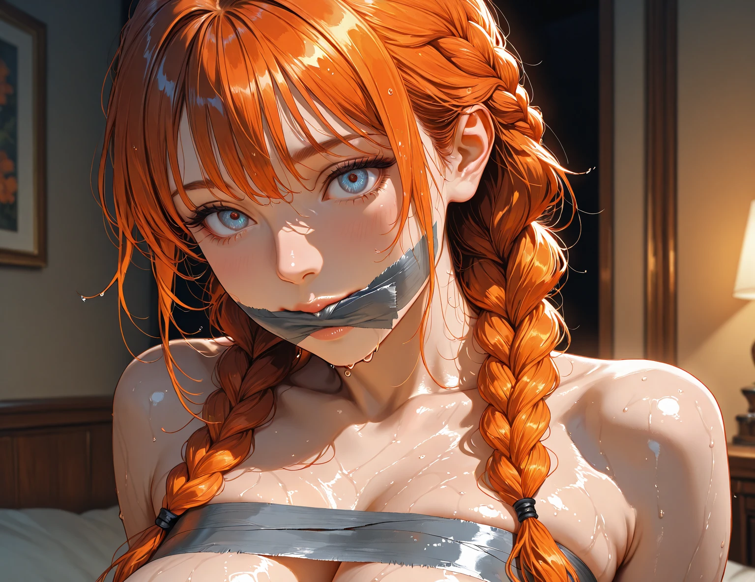 (masterpiece), best quality, color, full body, large expressive eyes, beautiful elegant face, {{HakosBaelz:1.2}}, ((Hakos Baelz)), 1 girl, ((looking at viewer)), (((warm skin tone))), ((warm lighting)), ((solo, smiling, blushing)), (embarrassed expression:1.4), ((cum on her face:1.85)), ((((cum dripping down her face)))), ((cum dripping down her chin)), (cum on hair), ((long thick strands of cum))