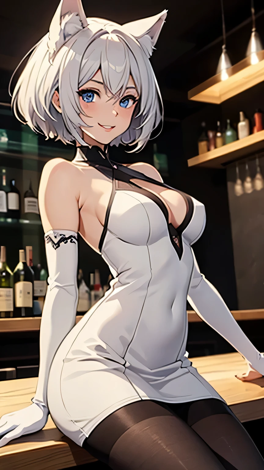 masterpiece, absurdres, (intricate details), (colorful),cinematic lighting, bust shot, extremely detailed CG unity 8k wallpaper, 1girl, white hair, short wavy hair, bob cut, purple eyes, light smile, parted lips, average breasts, cleavage, fake animal ears, choker, red leotard, black playboy bunny, tray, champagne, smile, looking at viewer, cowboy shot,
