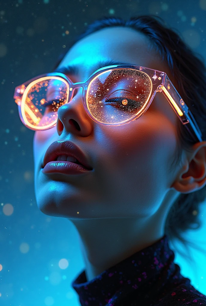 The model is wearing glass sunglasses,with stars and moon on the lenses