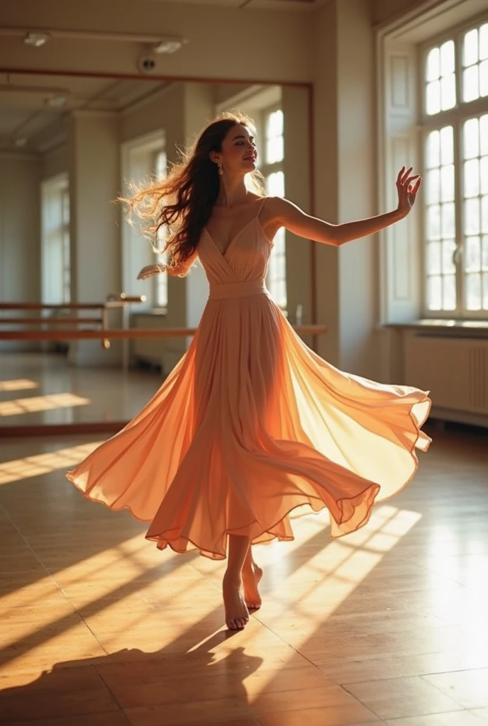 A young woman in a long flowing dress is dancing gracefully，The skirt flutters beautifully with the movement，The dance posture is dynamic  natural，With a smile，The long hair dances softly with the wind，The surrounding dance classroom，The floor-to-ceiling mirror reflects her figure，Warm natural light shines through the tall floor-to-ceiling windows，creates a dreamy  beautiful atmosphere，8K Ultra Clear，Cinematic feel，Soft light  shadow