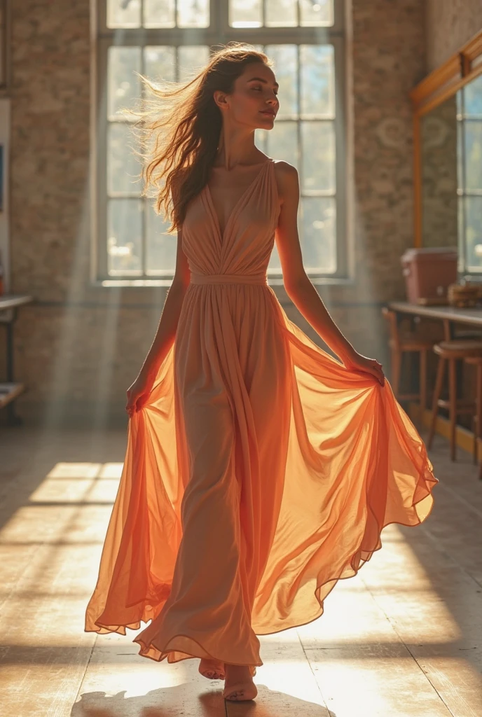 A young woman in a long flowing dress is dancing gracefully，The skirt flutters beautifully with the movement，The dance posture is dynamic  natural，With a smile，The long hair dances softly with the wind，The surrounding dance classroom，The floor-to-ceiling mirror reflects her figure，Warm natural light shines through the tall floor-to-ceiling windows，creates a dreamy  beautiful atmosphere，8K Ultra Clear，Cinematic feel，Soft light  shadow