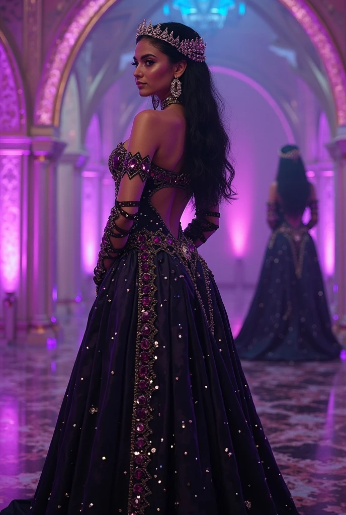 ((Masterpiece)), ((Best Quality)), (Ultra Detailed), (Very Detailed)), 4K, (8K), Best Quality, (Beautiful), Perfect Anatomy, Photo from Behind, Tempered Ass, Portrait Photo of African American Supermodel, Solo, (Dress of Intricate Workmanship in Lilac:1.3), Meticulously Rendered Face, Beautiful Eyes, Feminine Physique, Goddess of Beauty, Unreal Engine, Octane Rendering, Movie Lighting,