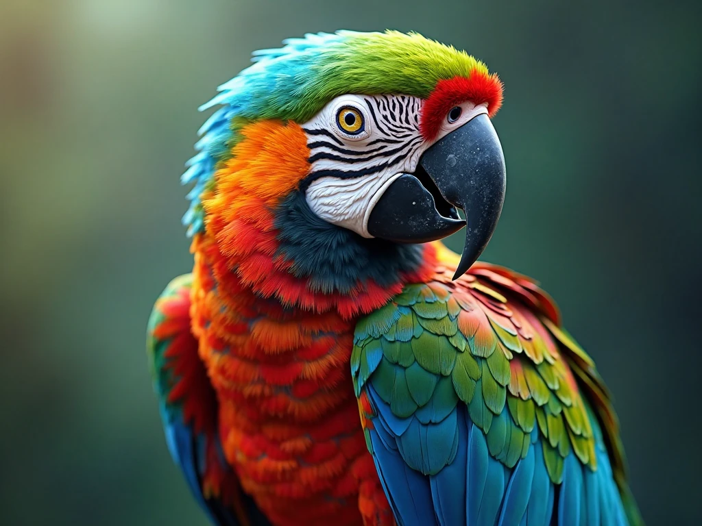 (best quality, 4k, 8k, alto, main part: 1.2), ultra-detalhado, (Realistic, photorealista, photo-realistic: 1.37), bright colors, clear lighting, Bird of Paradise, multi color parrot, sitting on a trunk , presigious bird, penas coloridas, neutral green background, colorida, vibrant, Surprisingly vivid, unique patterns, Artistic portrait, feather patterns that blend perfectly, translucent wings, A charming sight, fascinating vision, breathtaking images,