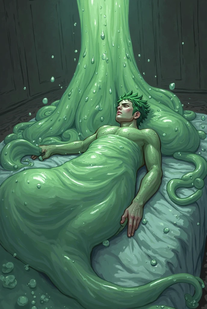 A naked and robust boy lies in a primeval forest, Dark green slime vines wrapped tightly around the boy,The boy was covered in transparent slime,Little by little,Sunlight shines through the shadows, The boy's expression was desperate,intoxicated,The boy showed a hint of flush on his face,Eyes narrowed slightly,The boy couldn't help it