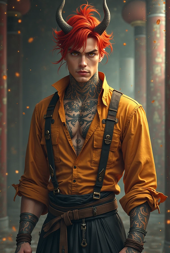 Man with red hair and eyes that burn with intense fury, wears only the hunters&#39; uniform, He is full of scars all over his body that terrify anyone, demon slayer art