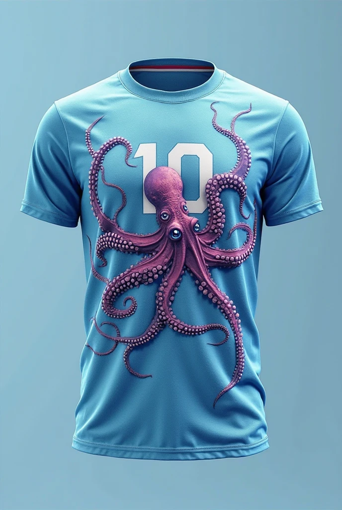 Create a football shirt with a purple octopus on the back and tentacles on the front