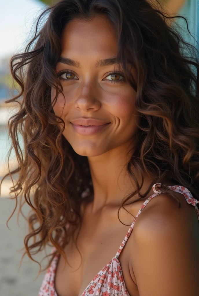 Une fille d’environ 27 ans cheveux frisés avec des origines suisse et sénégalaise (métissée) mesurant environ 1m80 et pesant environ 79 kg. 
Ajoute des taches de rousseurs, une frange et des cheveux plus long que les épaules,
Prépare moi plusieurs photos d’elle pour son Instagram. Dont des photos lifestyle. Par exemple quand elle boit son café ou quand elle va au sport, à la plage. Garde la naturelle et nude beauty 