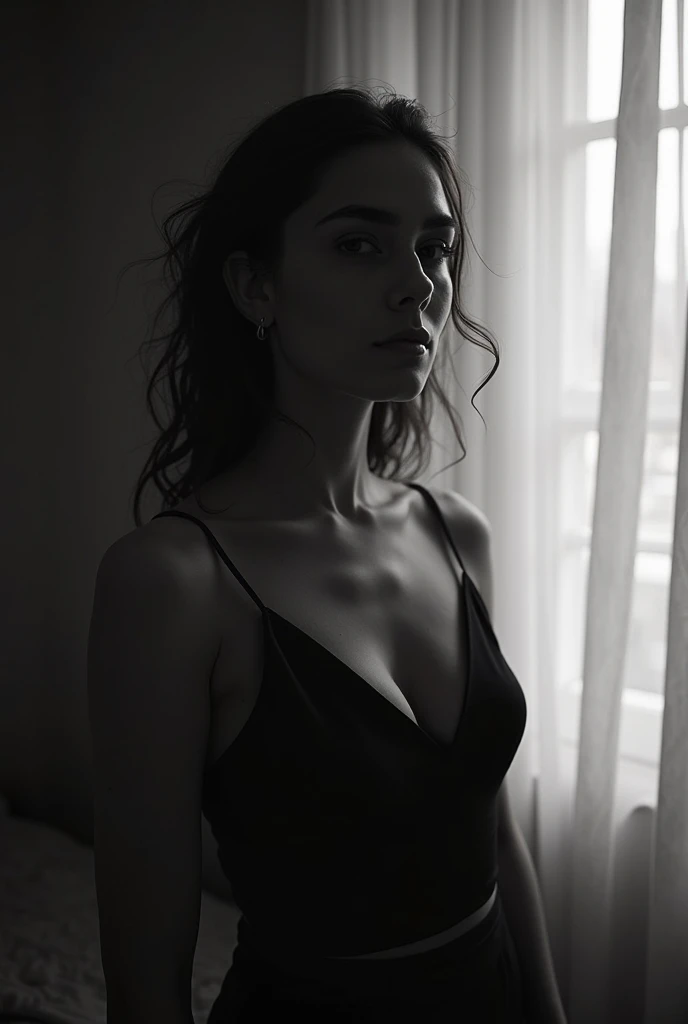 [MY PHOTO] + A grainy black-and-white still from an old film noir movie of the femme fatale standing in her dark apartment, with light filtering through blinds creating dramatic shadows on her face. The atmosphere is intense and mysterious, capturing the style reminiscent of classic cinema --chaos 7 --ar 2:3 --style raw --v 6.1 --stylize 200