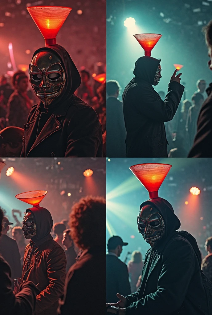 there's a group of people sitting together in a room, group of people in a dark room, vampire in mask, overload, composition, by Galen Dara, goblins partying at a rave, and they all look terrified, in cyber punk 2077, dark neon punk, cyberpunk style, edited, cyberpunk with neon lighting, album art, hand quality, 5 fingers.
