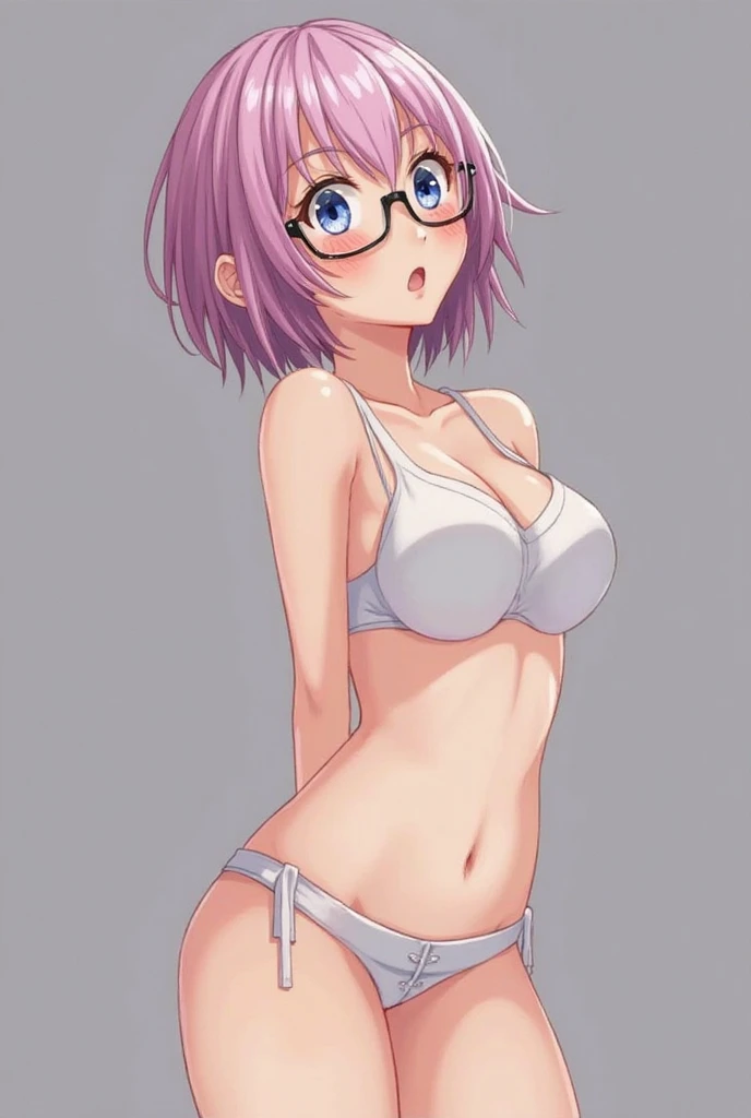 1girl,solo,standing,large breasts, cleavage, denim hot shorts
bra, navel, shorts, heart cutout, pussy peek,  no panties, bare arms, purple eyes,