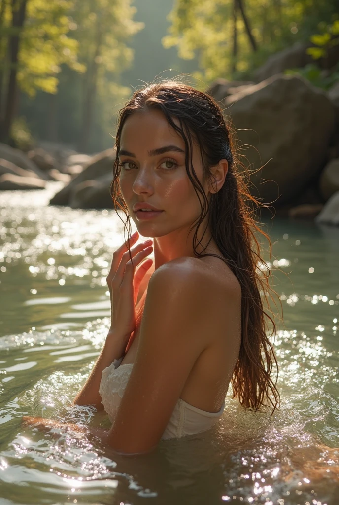 Night view, Close-up photo of Danelia Tuleshova, Small Breasts, Bathe near the waterfall, The body is soaked in water, Skinny cheeks, Wet hair, cheer up, Tempting face, No, Stone, Purified water, Cleavage Show, Water on the body, Realistic pores on the body, Look up at the sky and smile, Black ponytail, (blue eyes:  0.8), Beautiful adult face, 40s, Soft volumetric light, (Backlight: 1.3), (Movie: 1.3), Intricate details, (art station: 1.