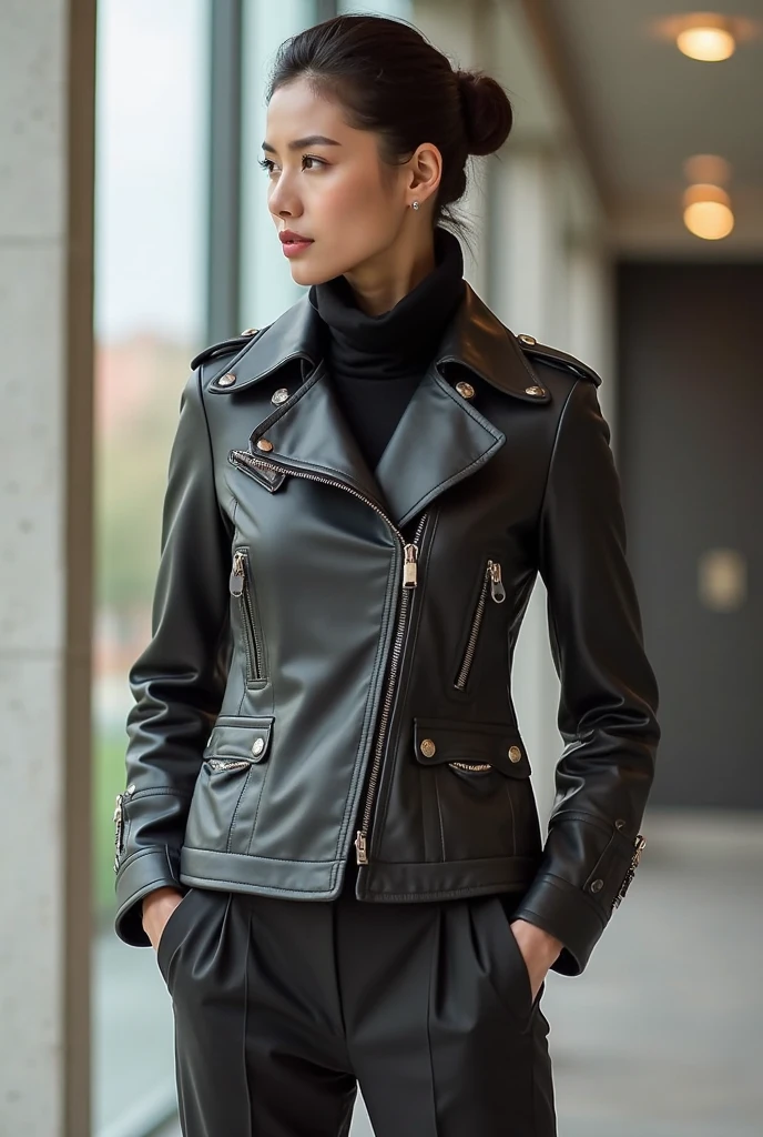 Leather coat,1 Girl,Sexy pose,best quality,masterpiece,illustration,Extremely delicate and beautiful,CG,Unite,8k wallpaper,Astonishing,Fine details,masterpiece,Official Art,Extremely detailed CG Unite 8k wallpaper,Ridiculous,Huge file size,Extremely detailed,high resolution,Extremely detailed,Beautiful and delicate girl,Practical,Full front,outdoor,necklace,Leather Skirt,