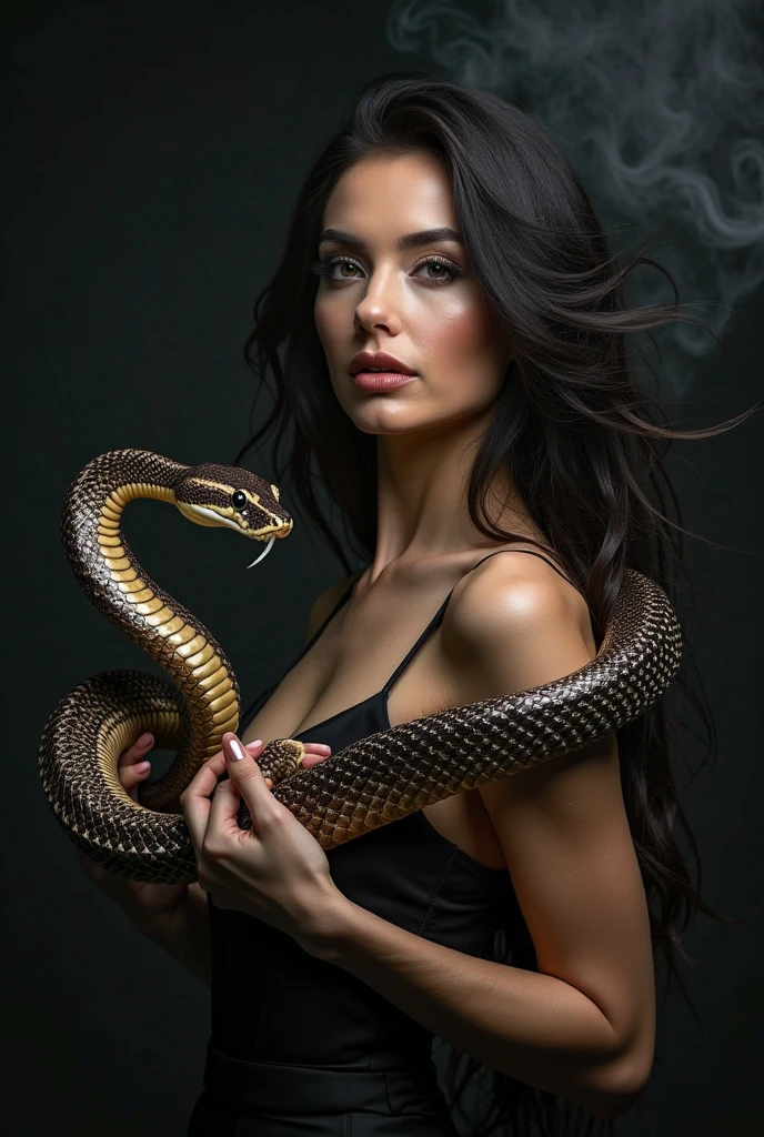  Happy Horny, aroused 1girl), beautiful kneeling girl with  giant black snake titanboa squeezing her hard, wrapped in thick spiraling coils, constricted, struggle, gasping for air, snake attack, snake peril, moonless night, dim light