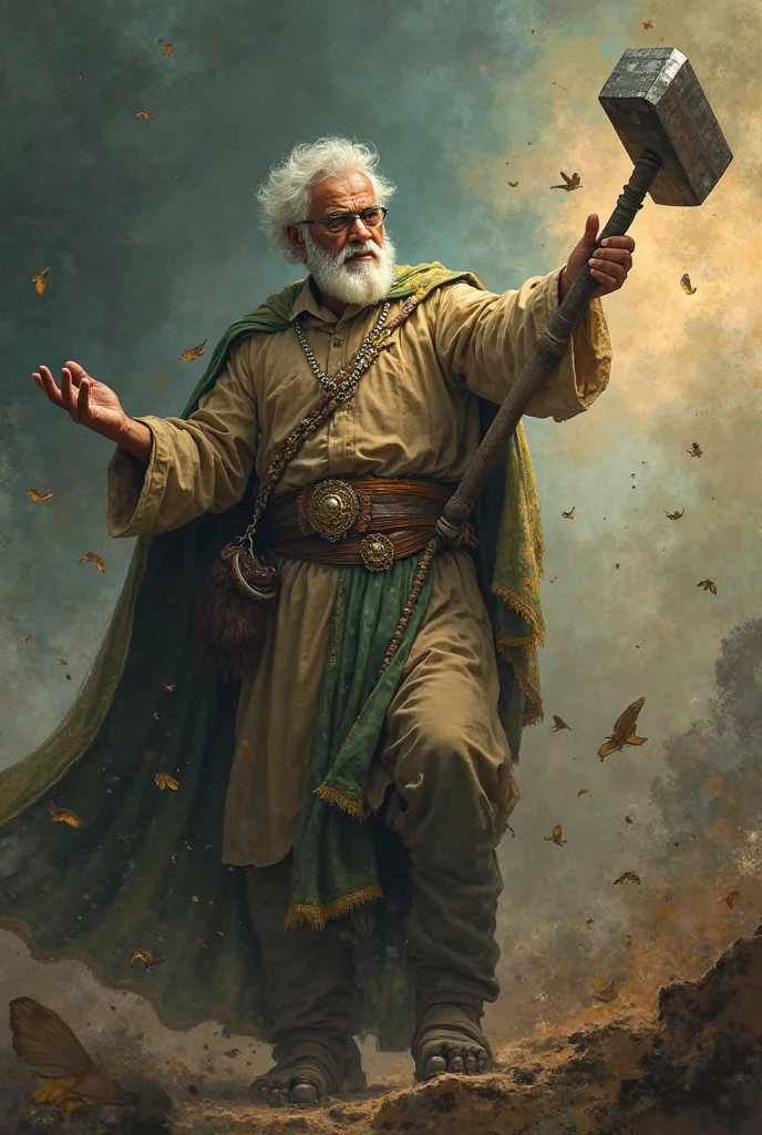 Solo character, full body version, old man, long chin beard, tall height, big man, largest muscle, (elf), green eyes, brown color hair, bald hair, topless, blue long pants, belt, boots, outdoor, field, Greenland, fire effect, smoke effect, medieval, standing gesture, detailed background, detailed clothing, detailed hair, armor arm, Bleach style art), black Coat