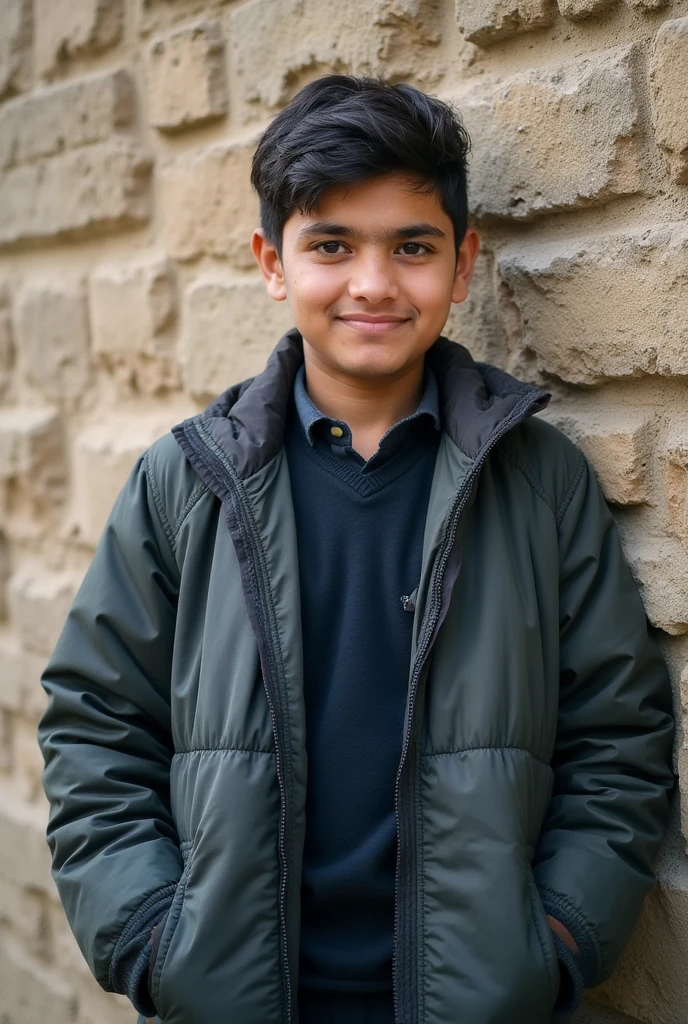 A 2 slim boy in a denim shirt stands in front of a wall