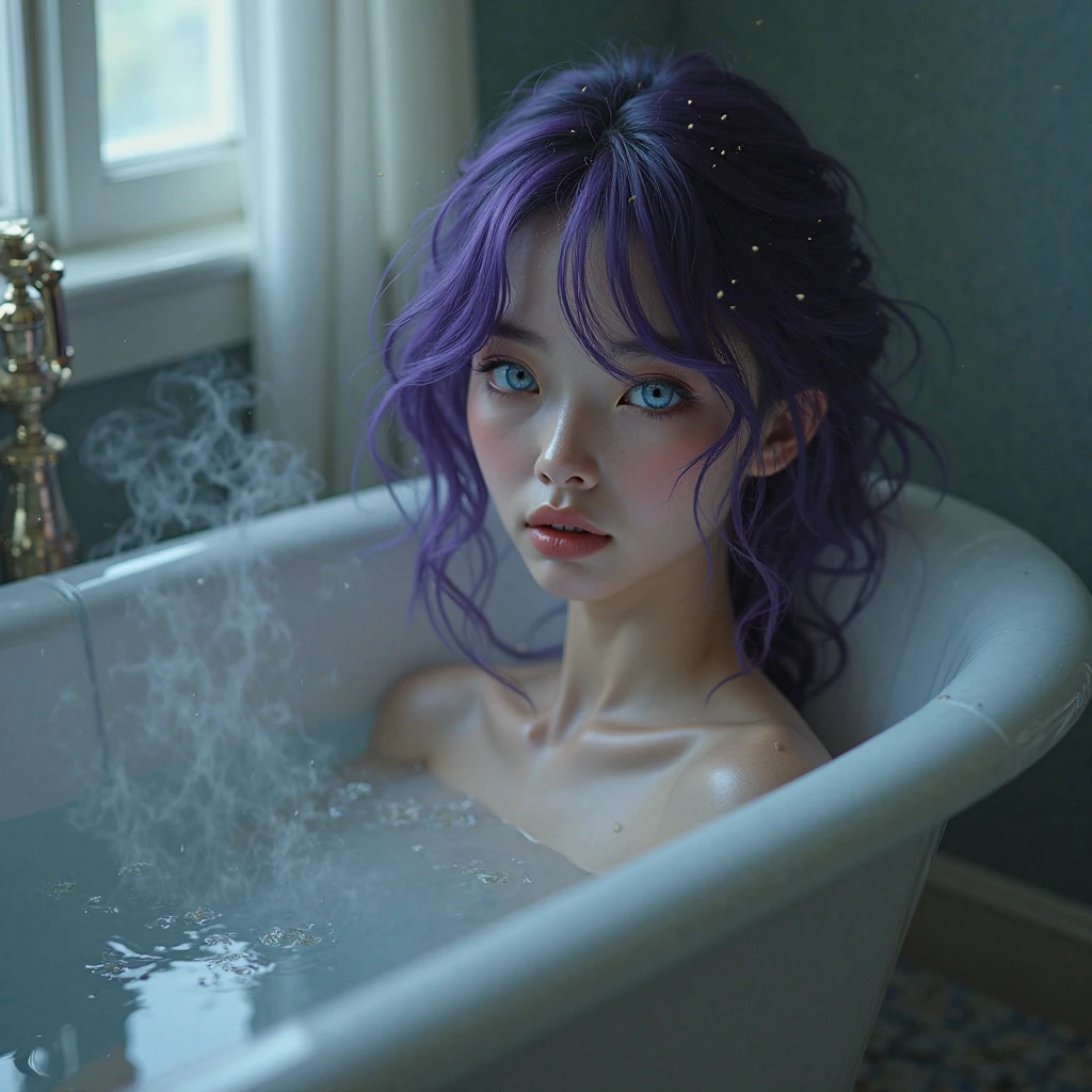 English woman,20 year, very white light skin,sparkling green eyes,long dark purple hair taking a bath,full focus,cinema image,品質,full body images,detailed,Photography