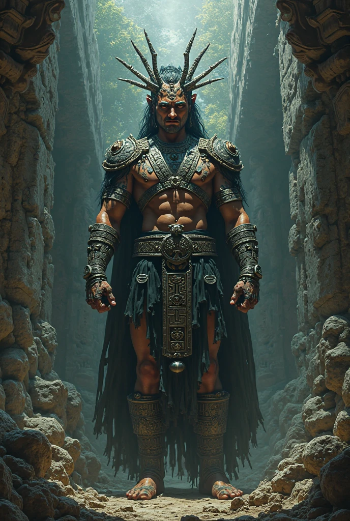 Generate an image depicting Xolotl, the Aztec god of lightning, death, and twins, as a powerful and enigmatic deity. Xolotl is portrayed with the body of a human and the head of a monstrous dog, representing his dual nature as a guide to the underworld and a protector of souls. He is adorned with symbols of power and authority, such as a headdress adorned with feathers and precious jewels, and a ceremonial cloak emblazoned with intricate designs. In one hand, Xolotl holds a smoking torch, symbolizing his role as the bearer of lightning and the guide of souls through the darkness of the underworld. In the other hand, he holds a scepter or staff, representing his authority over life and death. Behind him, the swirling clouds and crackling lightning bolts evoke the awe-inspiring power of the storm, reflecting Xolotl's status as a divine force of nature. Despite his fearsome appearance, there is a sense of wisdom and benevolence in Xolotl's gaze, hinting at his role as a compassionate guide and protector of humanity.