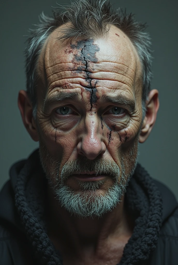 Half body portrait of a Bald headed man, no  hair, with gloomy face,looking directly to the viewer, with thorns in his face in body. 