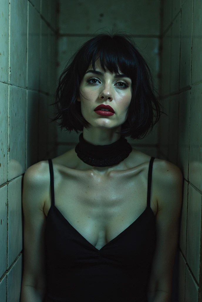 source_realistic photograph, (photo), 24yo femboy, ((flat chest)), black dress by chi chi london, cinematic still, Cinematic scene. suspended in a void of absolute darkness. long dramatic shadows, adding a sense of drama and mystery. emotional, harmonious, moody, gorgeous, film grain, grainy