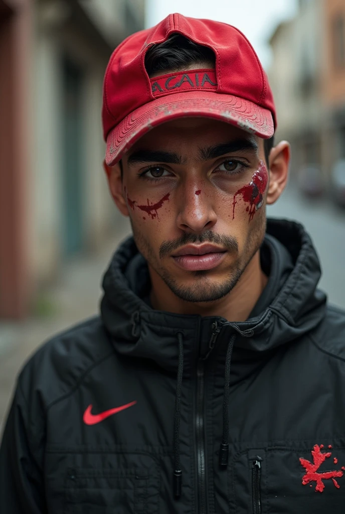arafed man with blood on his face sitting in a park, editorial photograph, british gang member, mid shot portrait, portrait shot, character photography, bladee from drain gang, by Lee Gatch, chav, grime, rossdtaws, london gang member, harsh, edited, cyberpunk street goon, promotional photography, lee griggs