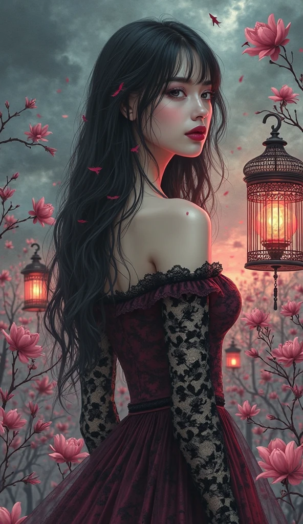 A woman embodying the duality of Persephone, queen of the underworld and maiden of spring, wearing a gown transitioning between darkness and luminescence, surrounded by flowers and astrological symbols in a field of poppies.