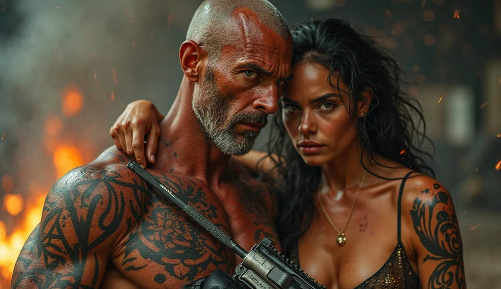 A bald muscular shirtless man with black tribal tattoos and a beautiful woman wearing very revealing black and red leather both looking at the viewer, 16K, epic detail, epic composition, standing, front view, 3/4 body.