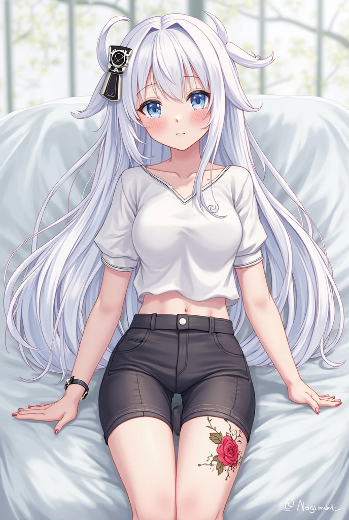 (1girl:cute face, average breasts, wavy hair, detailed eyes, <lora:perfecteyes:1>, perfect eyes), long white hair, red glowing eyes, making a ponytail with her hands, viewed from side, looking at the viewer, black t-shirt, white panties, bedroom in the background, high quality, high resolution, extreme detail, masterpiece