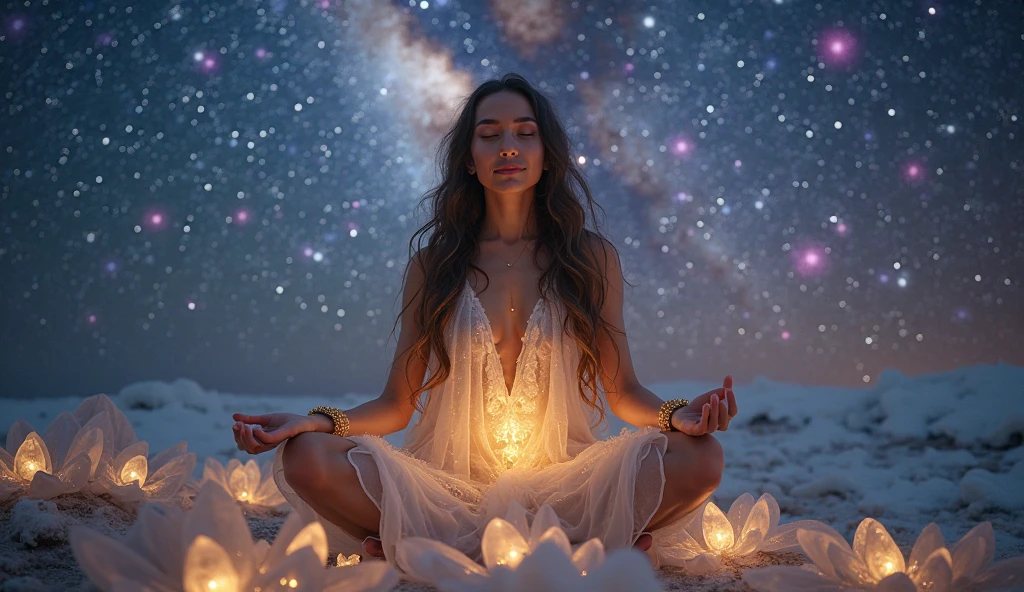 The woman of Latino aspects is floating in space, cercada por luzes e estrelas. She's wearing a white outfit, com um manto azul. Her hair is stuck in a ponytail, And she has a calm, focused expression on her face.
The lights around it are of various colors, e parecem estar fluindo em torno dela. Elas parecem representar a energia e o poder do signo de virgem. O manto azul representa a pureza e a virgindade, which are qualities associated with the sign.
The woman is in a position of meditation, and seems to be in communion with the universe. She is channeling the energy of the stars and the lights., e usando-a para curar e purificar o mundo.