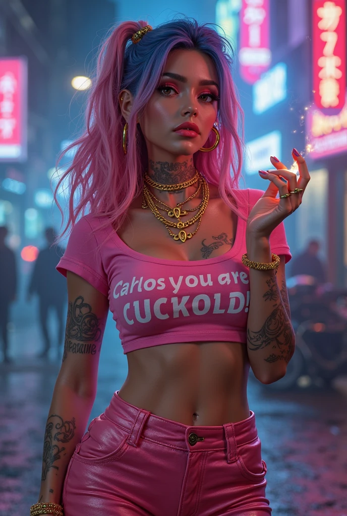 (Masterpiece, raw photo, ultra detailed, gaussian blur:1.1),(1girl, solo, rock star, lingerie, nose and ears piercings, ((underboob, huge boobs)), performing on stage, rock concert, great lighting, pink lighting, japanese color grading techinique, noise, 1990s vibe, rebellious, stunning, ((face tattoo))), (smoke, stage light, crowd)