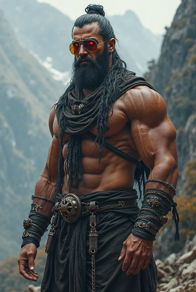 Big hairy sikh muscle man who is smiling in a sexy manner and posing in great weather outdoors full shot body phot, illustration, cinematic light, fantasy, highest quality, ultra detailed,  best quality, masterpiece, (detailed face), glowing flowing sand, floating ember crystals, golden hair jewelry, metal reflecting sun light, (focus on body:1.25), clear blue sky, desert and ocean in background, long curly hair, golden eyes, emitting magic energy, dark, light reflection --s2