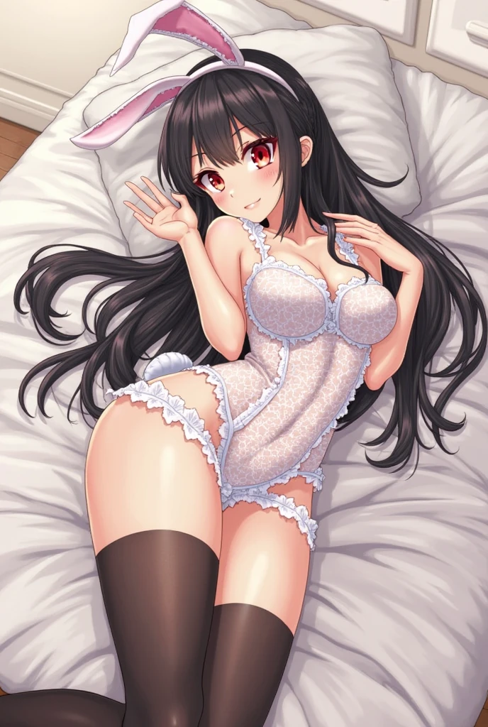 ​masterpiece, top-quality, the Extremely Detailed CG Unity 8K Wallpapers, Ultra-realistic 8kCG, perfect artwork, The perfect female figure, Dramatic shadows, (Perfect ligthing, Detailed light, (((1girl))), ((long black hair, twintail hair)), Model body type, large full breasts, ((cute face)), red eyes, (looking at viewer), (beautiful eyelashes), horny face, blushing, embarrased, Beautiful face, (beautiful chest line:1.2), (cleavage), beautiful a girl, Exquisite facial features depicting the perfect face, blushing, Naturally beautiful, Sweating, sexy, erotic, curvy body, Light and beautiful thigh expression, bunny costume, bunny ear headwear, garter belts, stockings, high heels, bedroom, detailed, realistic light and shadow, 8K resolution, (glistning skin:0.9), perfect hand