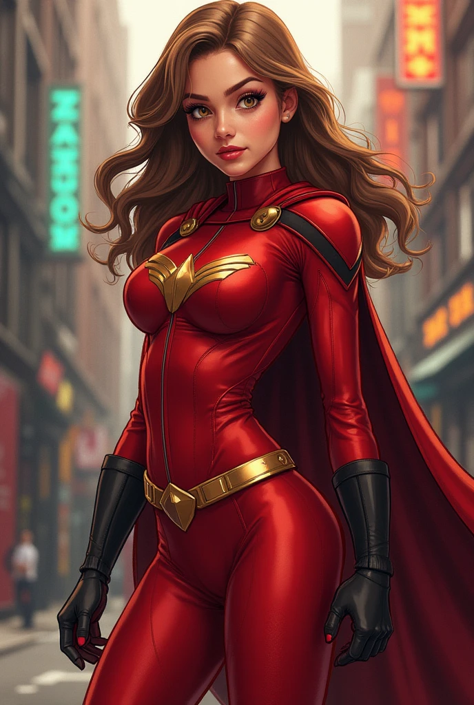 ((best quality)), ((masterpiece)), ((ultra realistic)), (dynamic heroic pose), american, beautiful detailed face, detailed eyes, sexy reporter, dressed in a red leotard, new york city backdrop, highly detailed, professional, bare legull body), hands on hip, standing, brown hair, medium hair, green eyes, matching boots, long sleeves, yellow hawk-shaped crest engraved on chest, blue cape, belt, cowboy shot