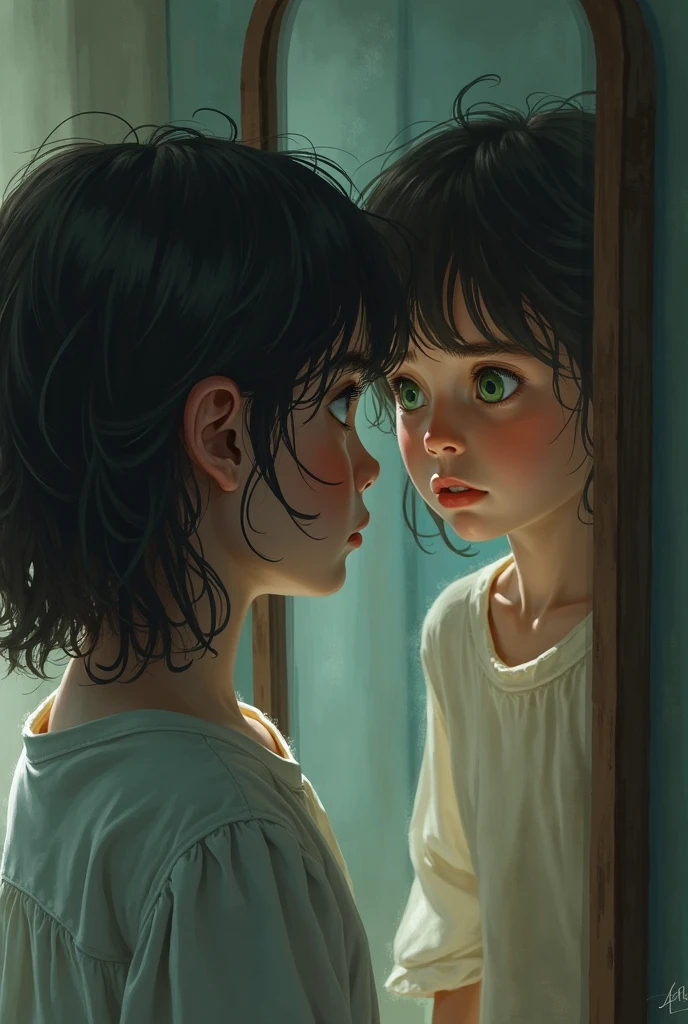 "Design a book cover for 'Inner Child' that vividly captures the journey of confronting and healing one's inner self. Feature a poignant illustration of an individual looking into a mirror, with their reflection revealing a vulnerable, sorrowful child within. The child's expression should convey sadness and hurt, symbolizing past wounds and unfulfilled needs. Surround the mirror with a soft, muted color palette—perhaps shades of deep blues, purples, and grays—to emphasize the emotional depth and introspective nature of the book. Incorporate subtle, healing elements, like a gentle glow or delicate floral patterns, to hint at the promise of healing and transformation. The title 'Inner Child' should be displayed prominently in a thoughtful, reflective typeface, with the subtitle or author's name in a more understated font. The overall design should evoke a sense of empathy and contemplation, inviting readers to explore their own inner world and embark on a path to emotional recovery."