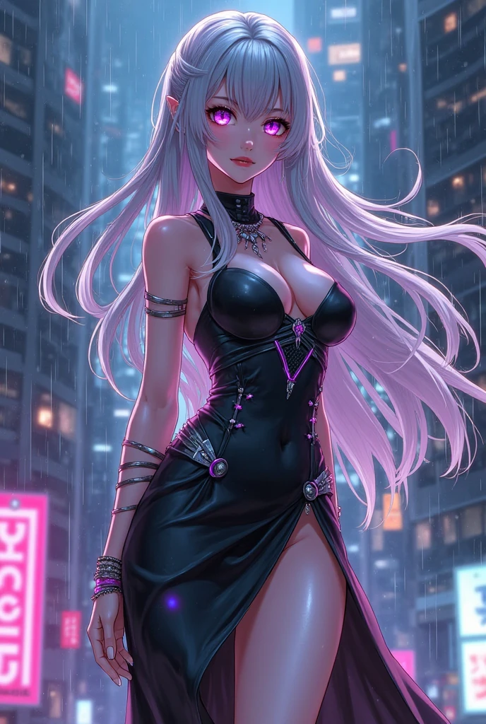 Create a female anime character with perfect measurements and a beautiful face