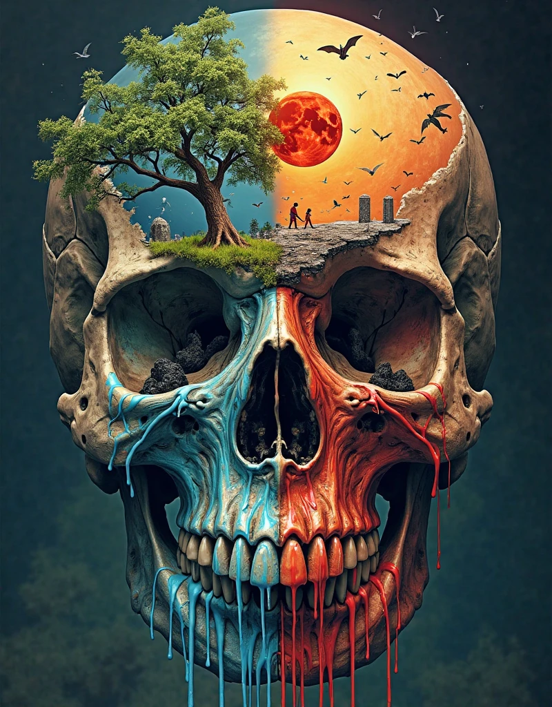 (double exposure:1.3) effect of mushroom skull and strawberry bushes, superimposed on the starry sky landscape, ultra detailed
