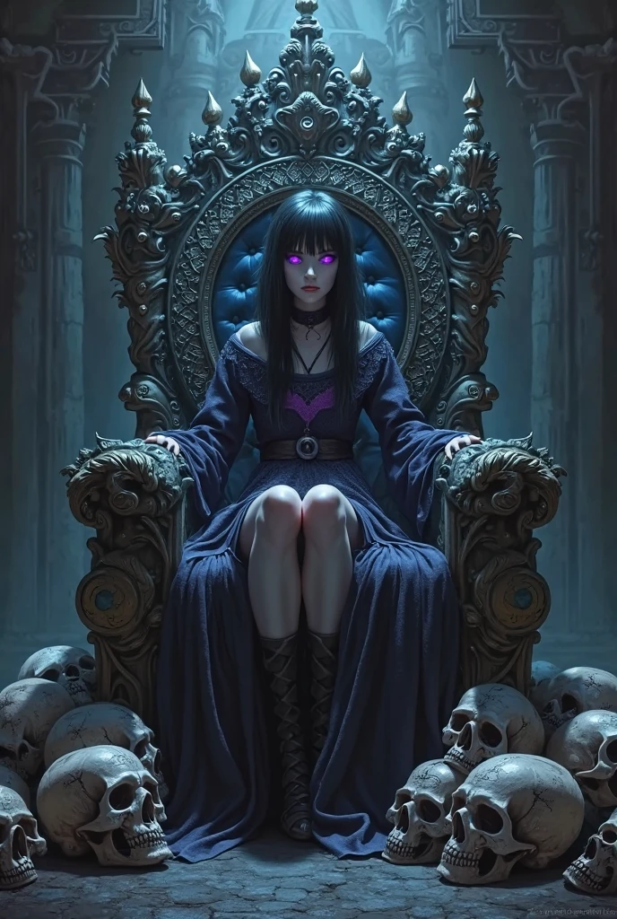 Digital art, concept art. the Queen of the Undead sits upon a Throne of skulls in a gloomy realm. Clad in purple dark armor with silver ornaments and draped in canvas hoods, she exudes both seduction and danger. Faded flowers surround her, contrasting with her chilling presence. A glowing magical circle pulsates at her feet, bending the elements to her will. Her eyes, twin orbs of ethereal radiance, convey a depth of darkness and power that warns of impending doom to all who dare oppose her. Bokeh blur. Colorful. BadDream, DEVIL SPAWN, ais-darkpartz, OverallDetail