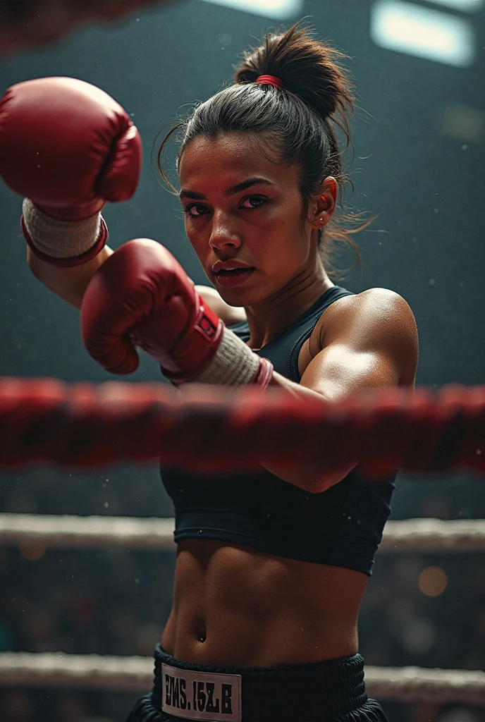 a beautifull Japanese female kick boxer vomiting in the ring, athletic body, sweaty