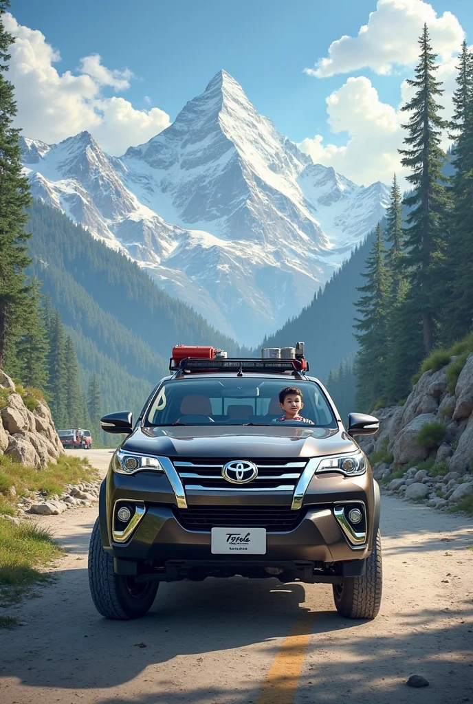 A boy named divyansh with a fortuner car on a hill and looking beautiful scenes 
