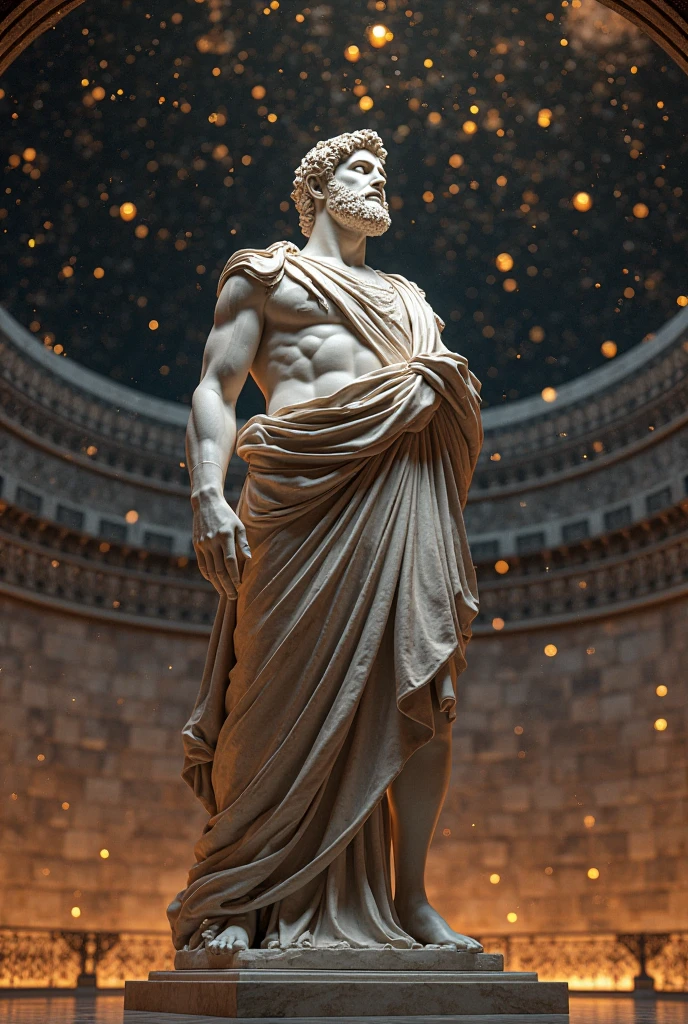 A greek Stoic Philosopher Statue, Muscular, 8k, Full body, clear HD Face and Body, long angle, looking to the night sky, Raising two hand with faith, Night sky Background, big star in sky,Huge Star in Sky,Cinematic