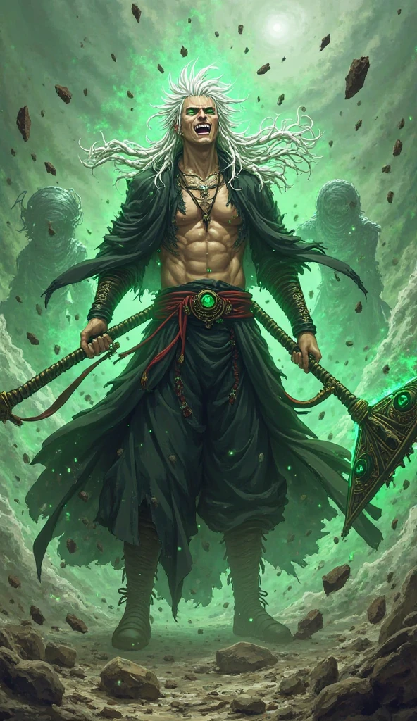 ultra realisitic, super powerful wizard, brawny, powerful and intimidating posture, long grayish white hair, white tunic with black details, clothes partially flared and torn open in the middle with muscles on display, dark rays visible emanating from the body and eyes intensely, long staff of with green flame in the top. His power is dark eletricity with black color, this power intensely emanate from his body end eyes