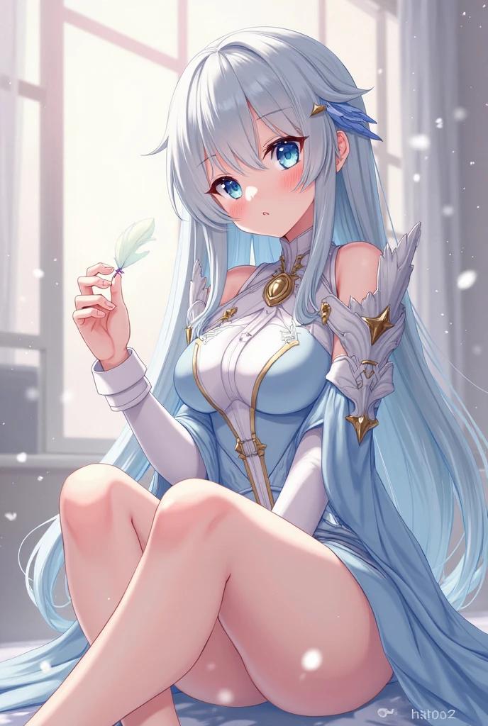 Body shape：Upper body humans，Six octopus tentacles on the lower body，Dividing line waist，Seven point five head body skin color：Cold white skin middle bangs，Big waves draped over hair，Length to waist，Don't have a snowflake headdress with a gradient of light blue to dark blue，1 each/2 Pupil color：The main color is ocean blue，Highlight your favorite human ears，Hang a pair of pearl earrings with pale pink mouth and big eyes，The more innocent the painting, the better（Calm the face） Wear a shell bandeau on the upper body，Shell color: sea blue，She wears a 30 cm long light blue gauze skirt（Less than a third of the length of the tentacles） Tentacle gray，Suction cup gray-pink hair tied with a white bow ribbon on the back，A gold bracelet hangs from one wrist and a transparent trident in his hand