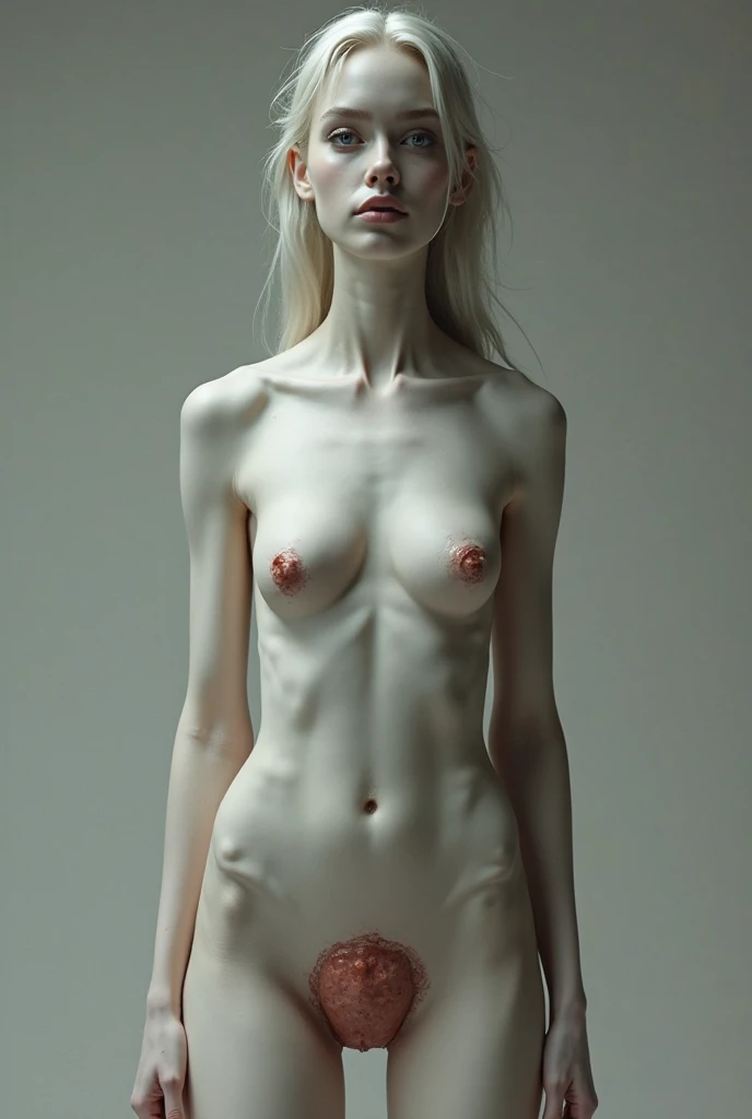 white redhead, woman named Lagertha, ((( very pale skin ))), ((( very light green eyes ))), ((( orange short hair arranged in a bun with bangs ))), lovely and beautiful serious face, freckles, wonderful and perfect realistic naked body, perfect naked small breasts, perfect pointy nipples, realistic naked vagina, realistic labia,  perfect bright red lips with bright red lipstick, white background, ((( direct bright lighting in her entire body ))), ((( extremely blushed cheeks ))), ((( bright green iris ))), ((( extreme thin lips ))), (((small lips )))
