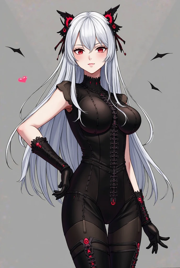 Adult girl, long white hair, high ponytail, pink eyes, bat wings, black rich dress, anger, masterpiece, high quality