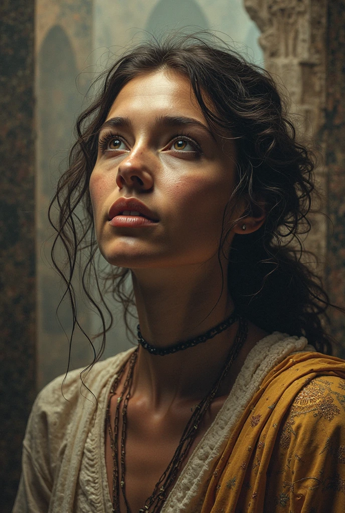 A Roman slave on a farm is a beautiful blonde german girl with regular facial features, sweaty, tanned, not washed, dressed in a very short tattered burlap tunic with slits on the hips, barefoot, a slave collar around her neck, thick hair tied in a ponytail, carries a basket of livestock feed, depraved, sensual many details high texture of clothes, bodies, hyperrealism against the background of the rural landscape of southern Italy
Меню
Словарь и онлайн перевод на английский, русский