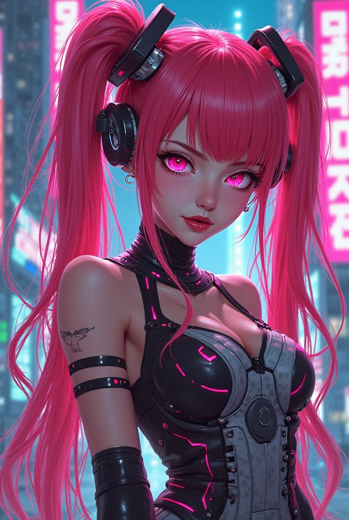 4k, twin tails ,Lens flare, pink hair ,mascara, eyeliner, god rays, 4k, 8k, best quality, masterpiece, hyper detailed, intricate detail, 1girl, solo, detailed, Detailed fuschia hair ++, detailed pink eyes ++, raytracing, perfect shadow, highres, enhanced eyes, huge breasts, horns, evil grin, narrow eyebrows, seductive, fangs, hyper detailed, interesting background, , detailed face, detailed clothing. volumptuous, colourful background, futuristic setting, ai, cyberwear, robot, in the city, cyber suit, dominant, heart detail around cleavedge, neon lights