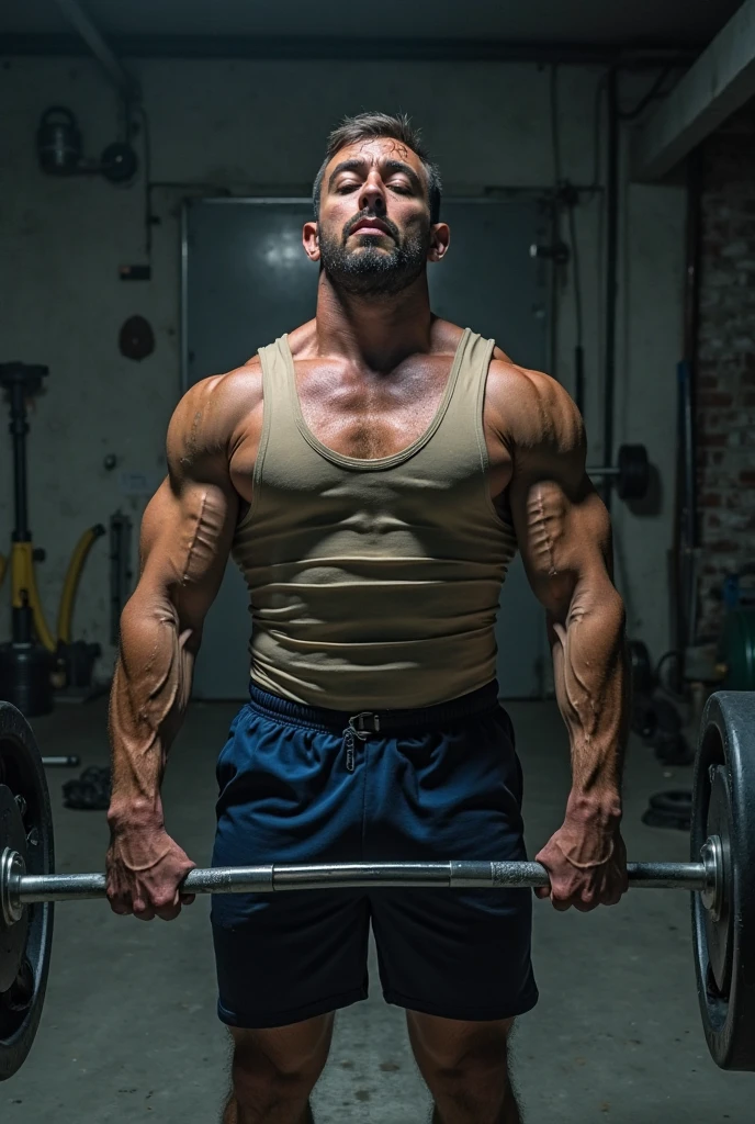 A FITNESS MAN WITH A GIANT MUSCLE FULL OF VEINS LIFTING 500 KG WITH A RED FACE AND BODY WITH THE VEINS SHOWING
