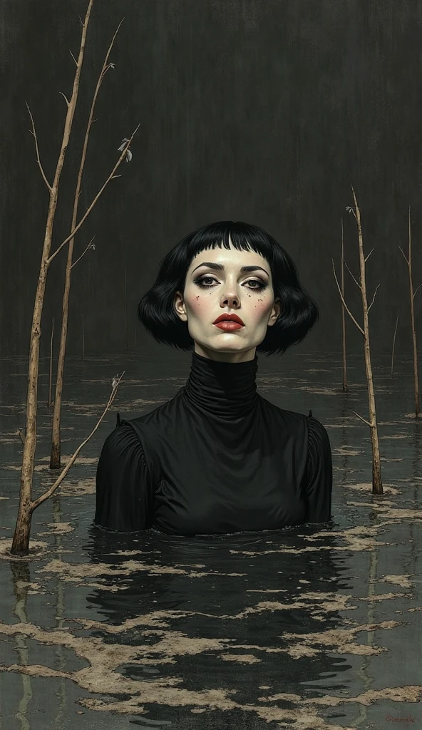 heavy fog, full-length view, in the distance, a naked beautiful young woman with dark short hair, with a stylish babette hairstyle, with bangs in front of her eyes, in the distance, on a long bridge, thick fog, a naked woman in the distance comes out of the fog, stylish photo, fashion photo