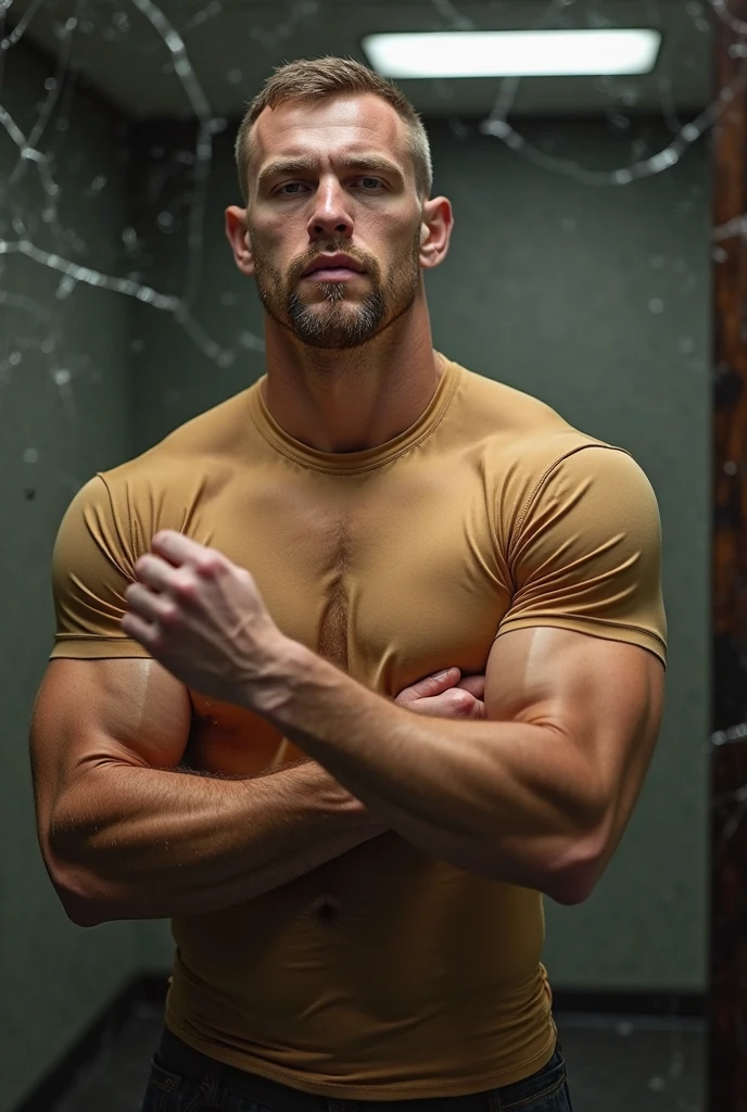 Masterpiece, denoise, void noise, one man, best quality, 8k resolution, male focus, focus only, amazing composition, volumetric lighting, super quality, elegant, Very detailed, (front view), (facing viewer), white light, daylight, blue sky, -----------, 35 years old, mature face, (muscular, thin body), handsome, ((detailed light-gray eyes, detailed eyes)), ((((light blonde hair, short straight hair)))), ((big ears)), ((((thick plenty chest hair)))), ((((pale skin)))), ((((Medium length beard)))), (((((Russell Tovey detailed face))))), --------------, (((wearing tennis shorts, playing tennis)))