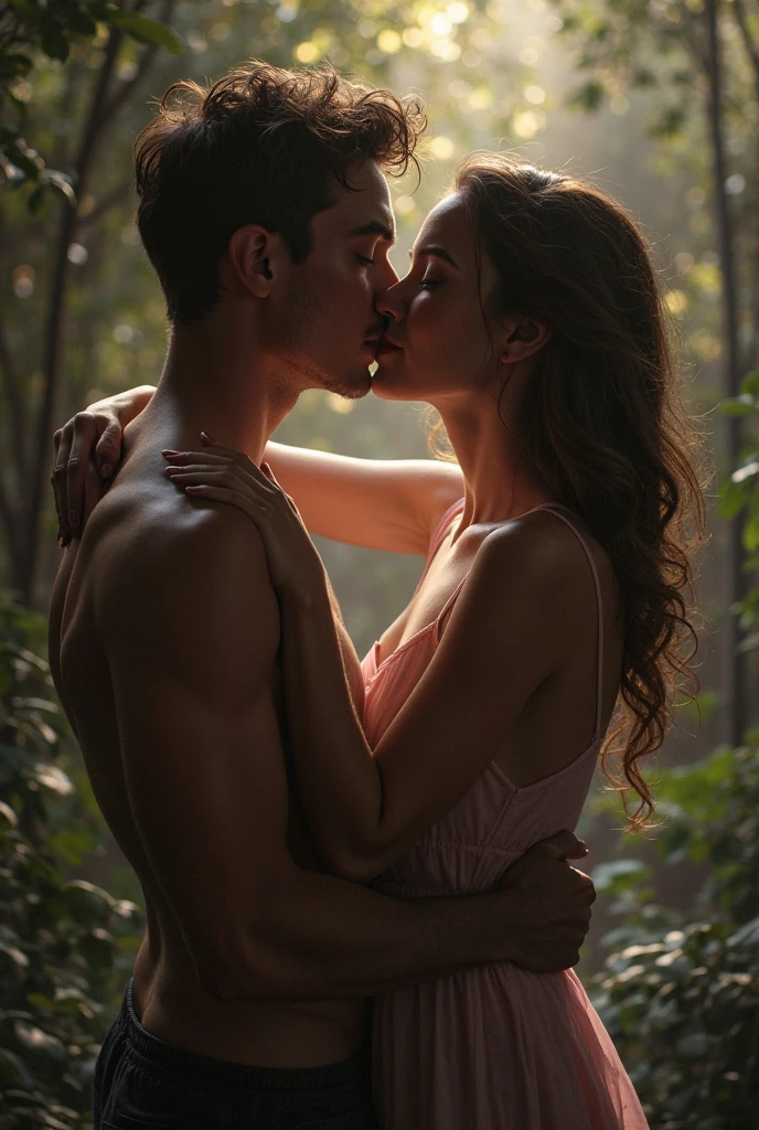 A handsome young man is having sex with a young woman naked on top of each other in the forest. Romantic evning