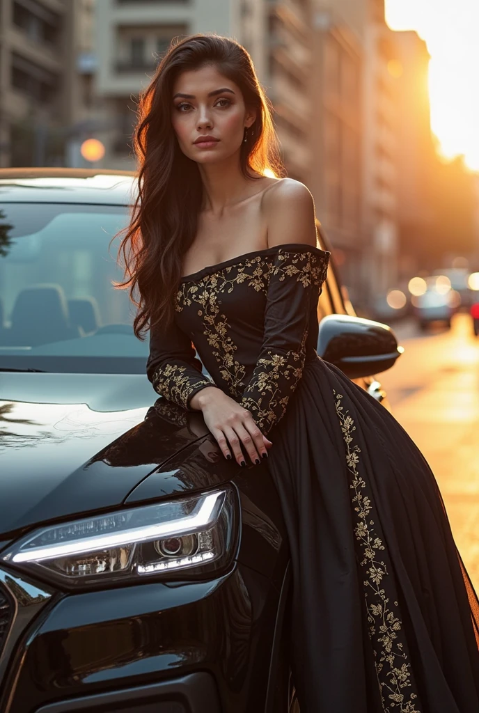 (Extreme HDR) (brightness FX) Photo of an asian woman gigantic Breast 'white skin' with long hair flowing in the wind, wearing a black batik patterned costume, a V-cut strapless corset style batik dress made of carbon patterned satin, a very narrow and stiff V-cut waist decorated with blue jewels, a luxurious long skirt, looks beautiful and stunning, very realistic and detailed, with a royal palace in the background, sitting on a swing, behind it is a black classic car. hyper realistic, hyper detail clothing, Detailed gemstones, masterpiece, best quality:1.2),,(8k,highres,RAW photo,realistic,photo-realistic:1.3),(detailed skin texture,detailed cloth texture, beautiful detailed face:1.25),professional lighting,photon mapping,beautiful soft light,radiosity,physically-based rendering,raytracing, model shoot style, model shoot style, (extremely detailed CG unity 8k wallpaper), full shot body photo of the most beautiful artwork in the world (NSFW), (Nude), (Naked), (carbon fiber corset) (green veiny breast) (steampunk corset) (glowing dress)